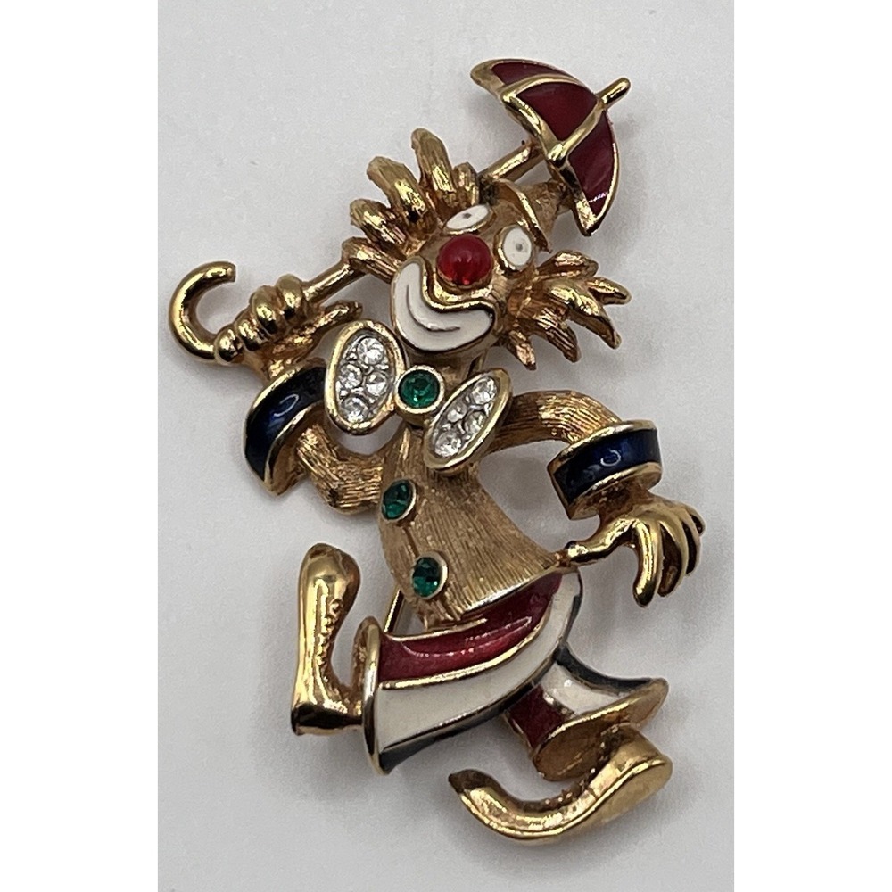 Attwood & Sawyer Clown with Umbrella Enamel Rhinestone Crystal Brooch pin